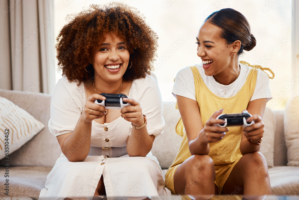 Portrait of women on sofa playing video game, excited fun and relax in home living room together on 