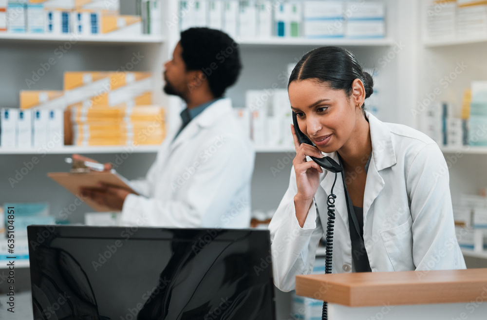 Pharmacist, woman and phone call for customer support, medicine stock and inventory communication or