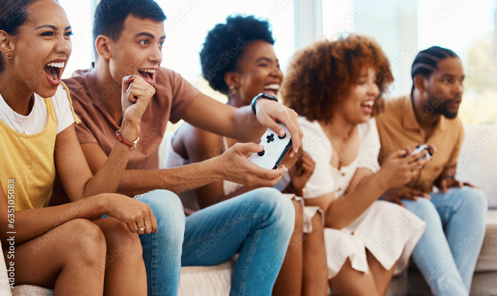 Excited friends together on couch, video game fun and relax in home living room playing with control