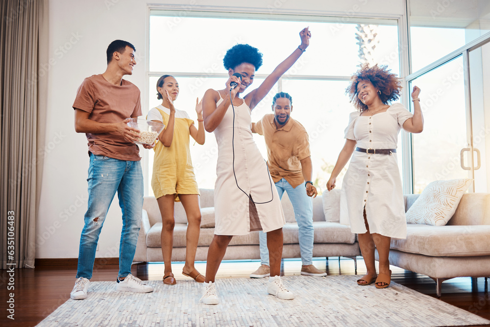 Sing, energy and friends dancing in the living room with a microphone to music, playlist or radio. H