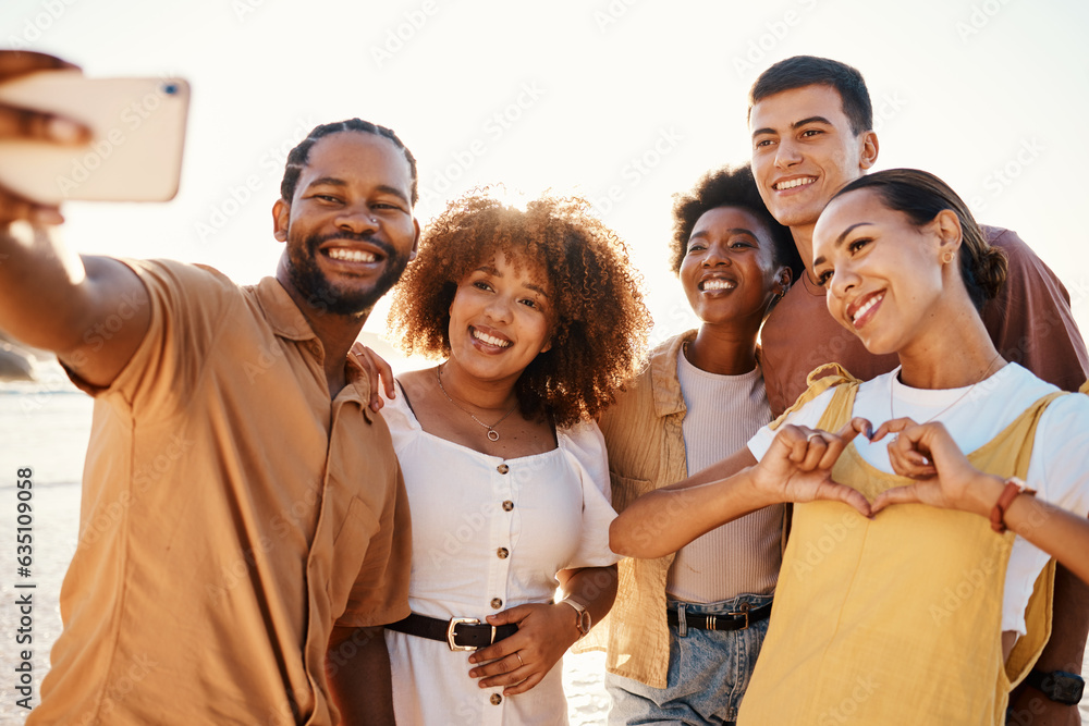 Happy, selfie and travel with friends at beach for support, social media and diversity. Smile, relax