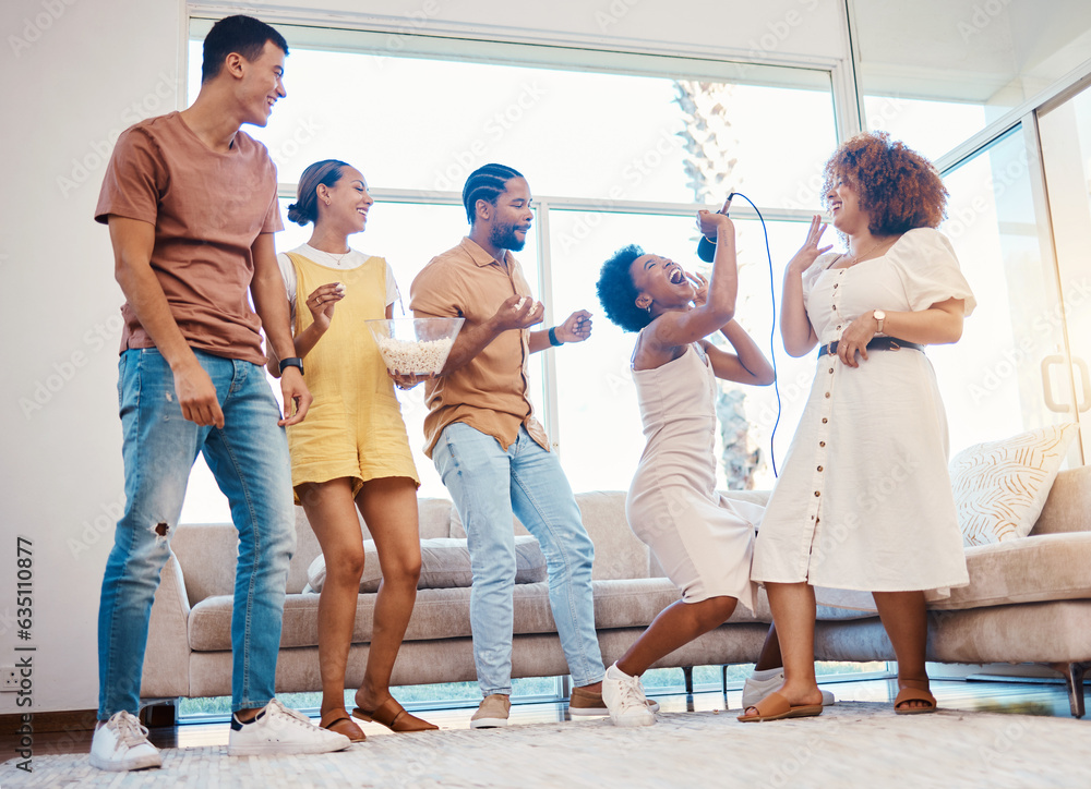 Karaoke, entertainment and friends singing in the living room with a microphone to music, playlist o