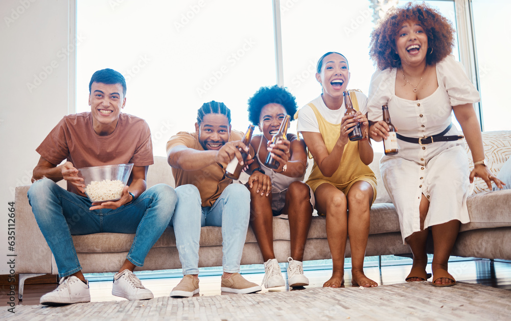 Beer, popcorn and friends watching tv, excited and bonding in home living room together. Food, happy