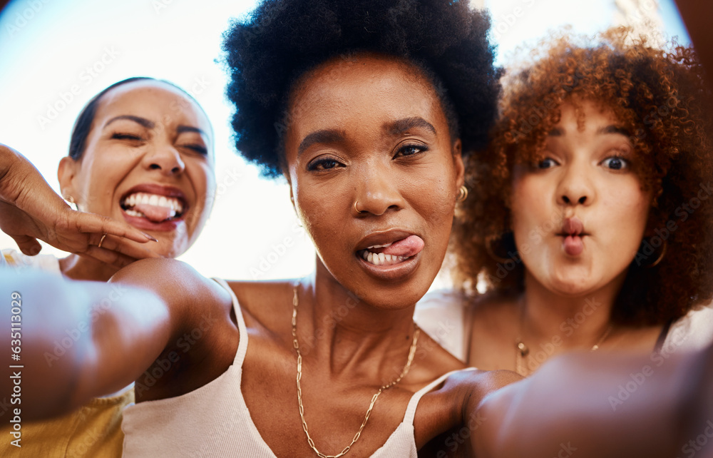 Funny selfie, portrait and friends in a house for bonding, social media or happy together. Diversity