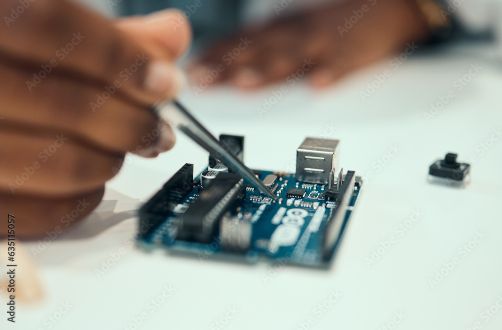 Hands, engineering and hardware with person in laboratory for research, monitor and programming. Tec