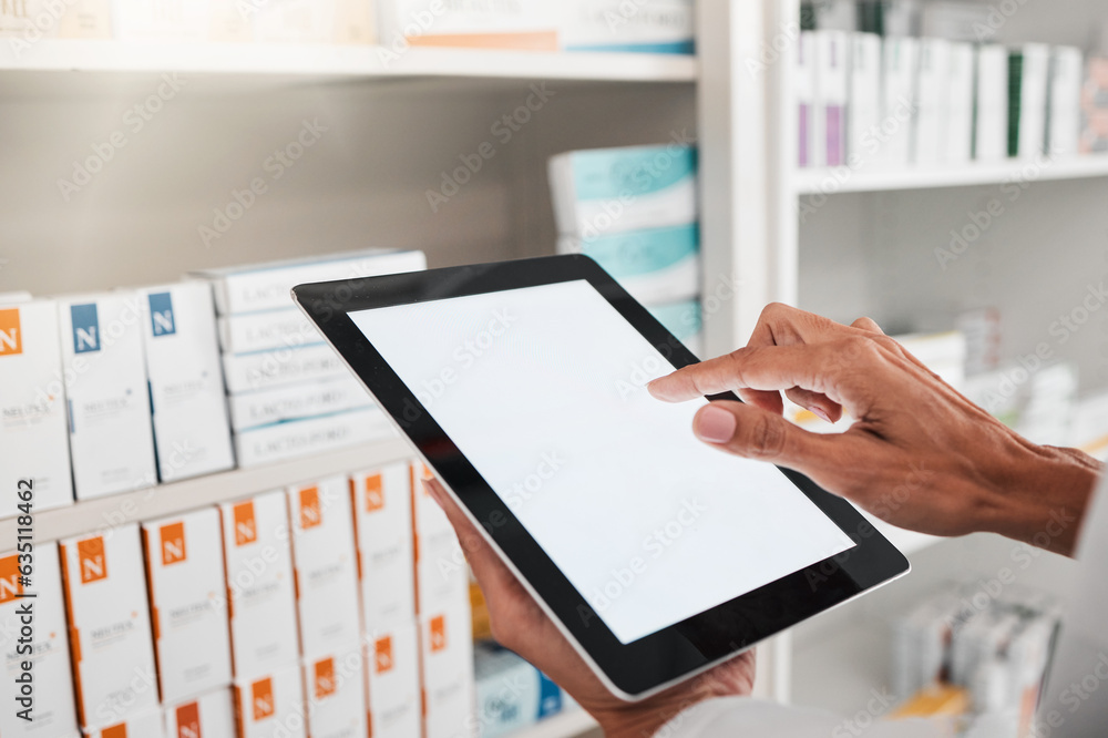 Person, pharmacist and hands with tablet mockup for inventory inspection or checking stock at pharma