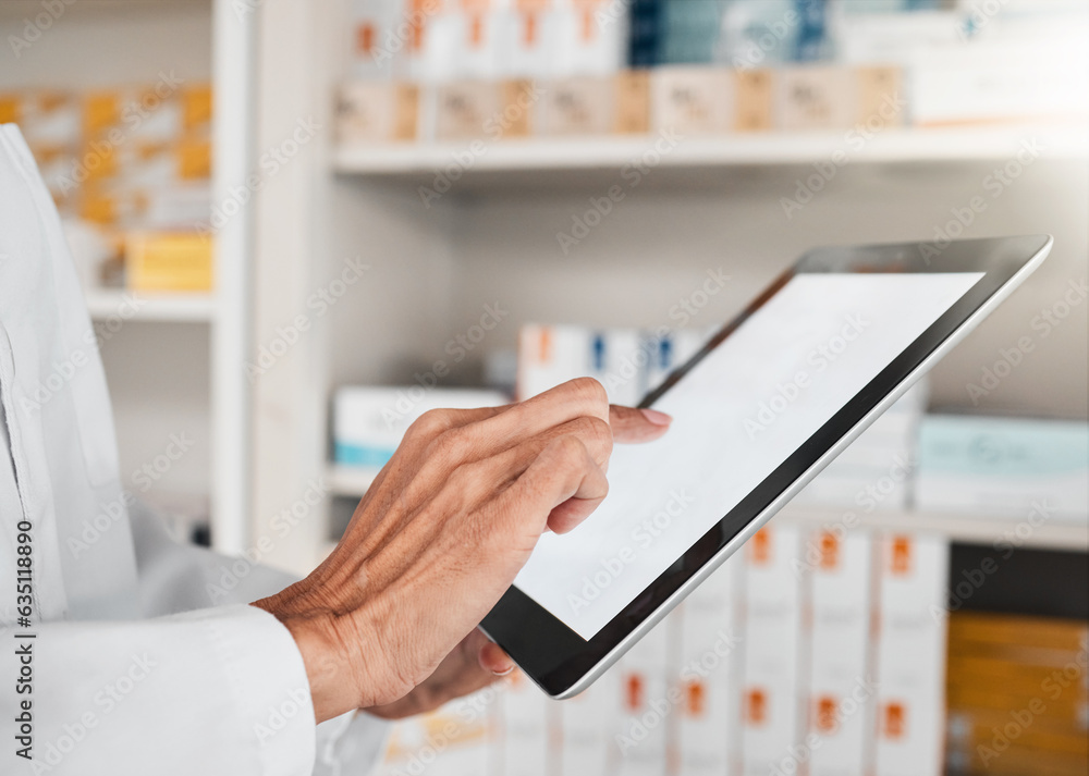 Person, pharmacist and hands with tablet screen for inventory inspection or checking stock at pharma