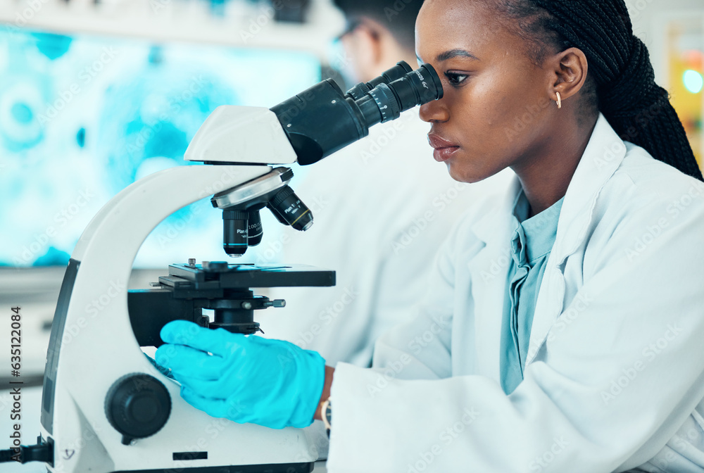 Microscope, research and female scientist in a laboratory for a medical or pharmaceutical study. Pro