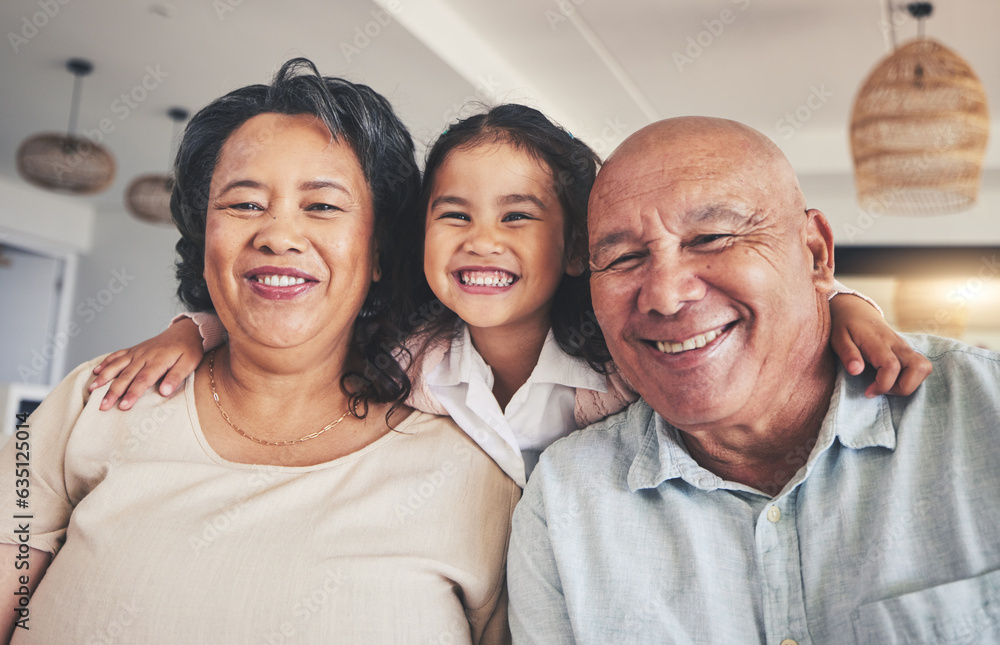 Smile, relax and portrait of grandparents and child on sofa for happy, bonding and support. Hug, hap