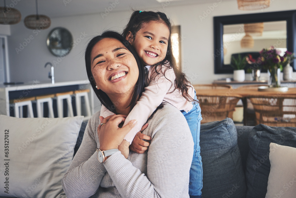 Hug, smile and portrait of mother and daughter on sofa for love, care and support. Happy, calm and r