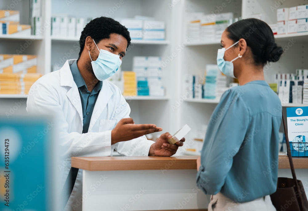 Pharmacist, face mask or black man giving pills to woman patient in customer service for wellness ad