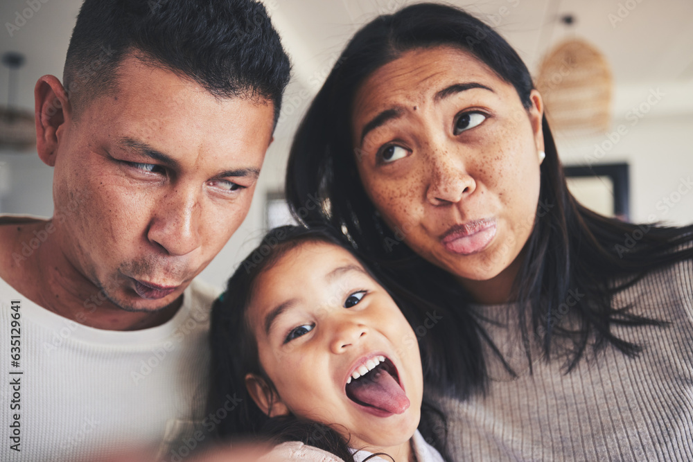 Selfie, silly and portrait of girl with her parents bonding in the living room of their home. Goofy,