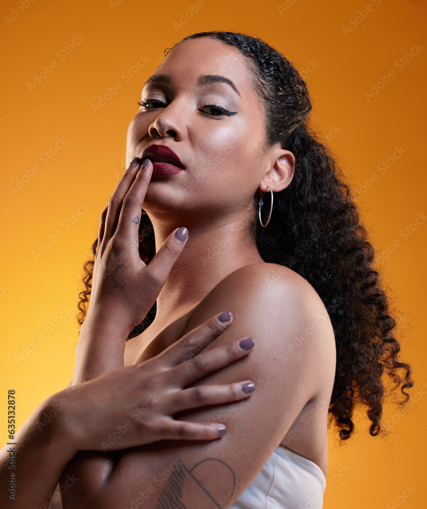 Curly hair, makeup and touch with portrait of woman in studio for texture, beauty and cosmetics. Sel