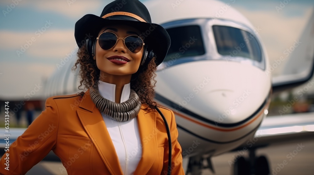 Beautiful of a confident black African American woman in sunglasses and hat cap pilot against the ba