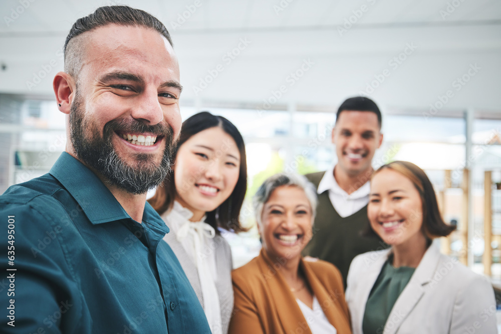 Selfie, portrait and happy business people together in office for team building, collaboration and g