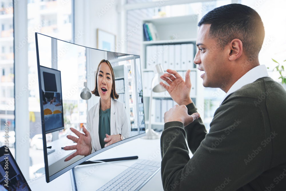 Business people, video call and computer screen in online meeting, teamwork and feedback or planning