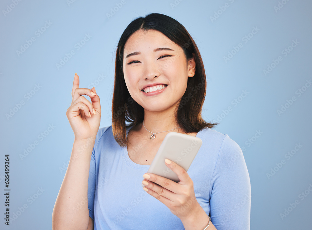 Woman, phone and idea, decision and portrait for university, college or education on blue background