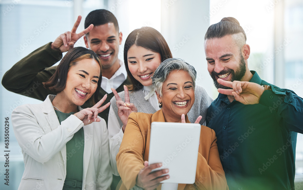 Selfie, tablet and group of business people with peace for support, team building and emoji. Diversi