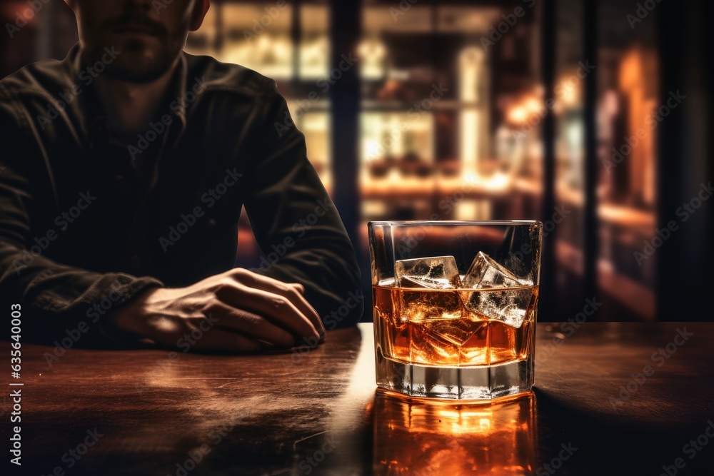 Close up of a male hand holding a glass of whiskey with ice at a bar.