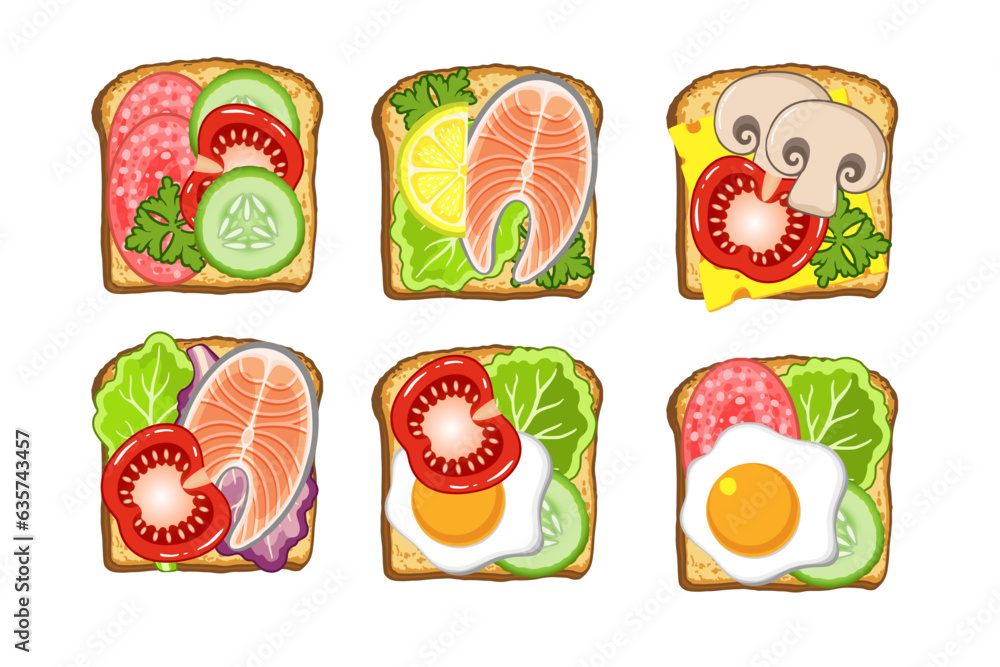 Vector illustration set of toast with meat, fish, mushrooms, vegetables and lettuce. Healthy food fo