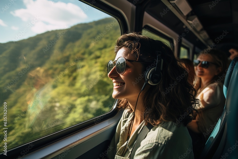 girl in headphones rides a train