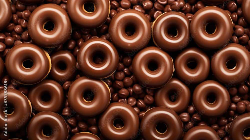 Donut with chocolate glaze background. Round american chocolate doughnuts. Generative AI