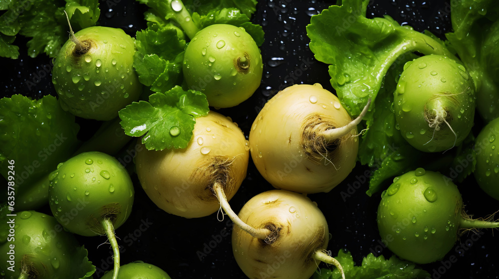 Fresh turnips with water drops background. Vegetables backdrop. Generative AI