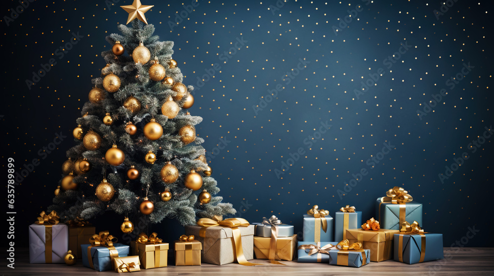 Beautiful decorated christmas tree with present boxes. Festive New Year background. Generative AI