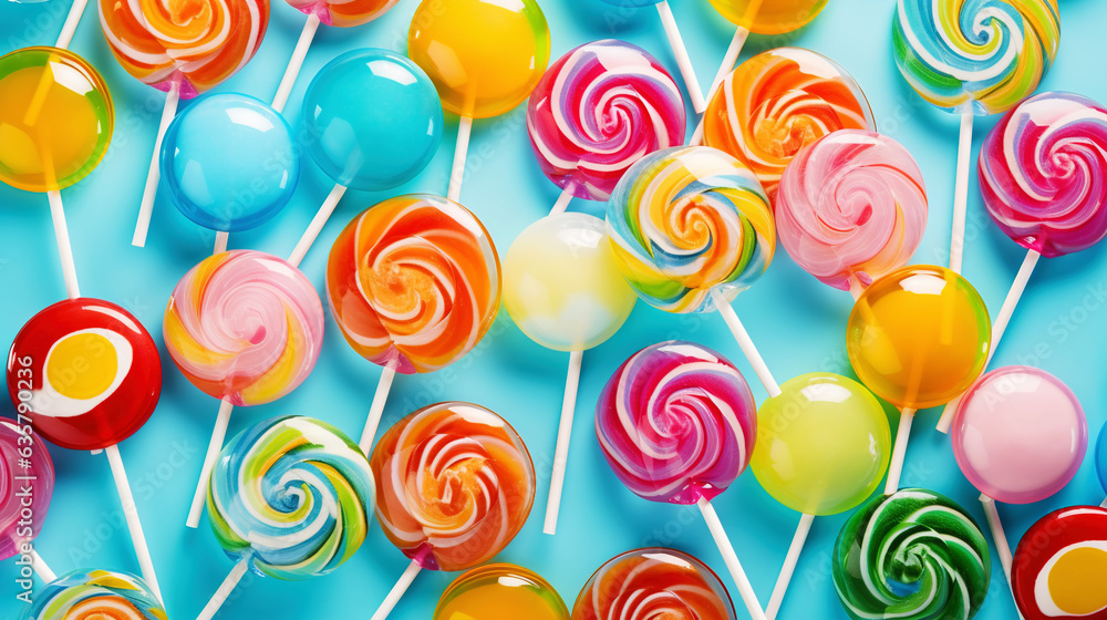 Colorful lollipop candies background. Top view. Generative AI