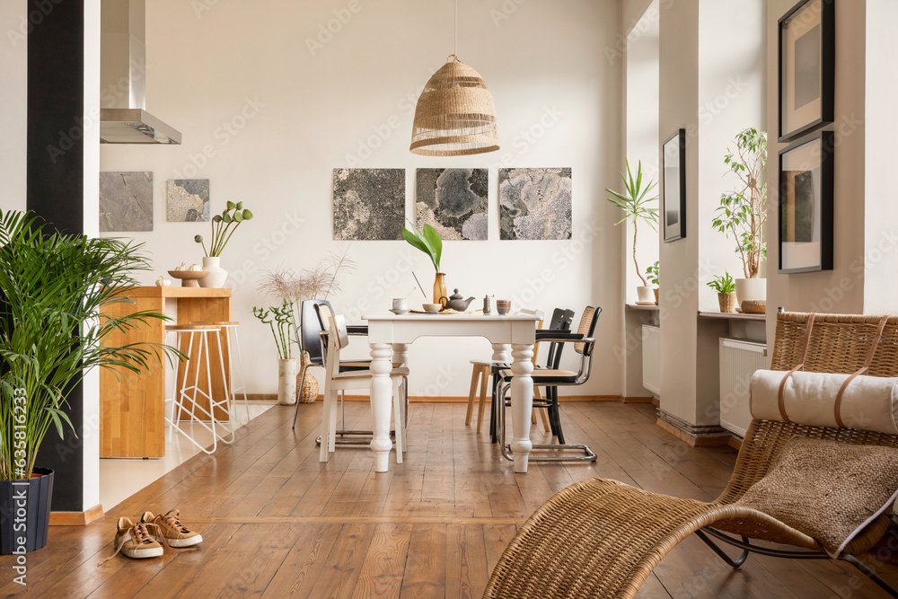 Creative composition of dining room interior with mock up poster frame, elegant table, rattan chair,