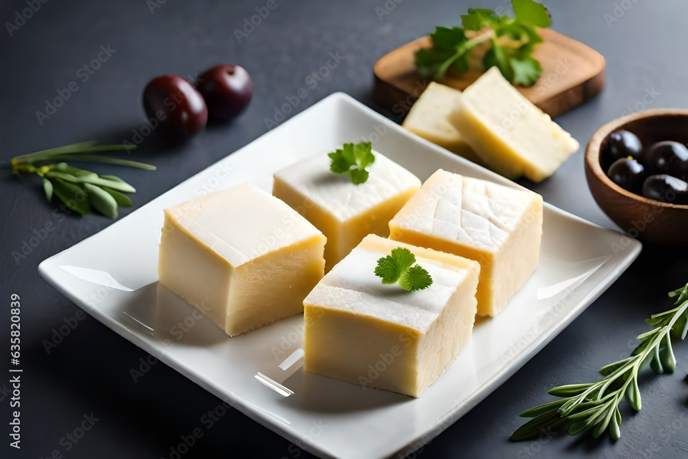 White cheese, feta with olives and cilantro on a neutral background created by AI