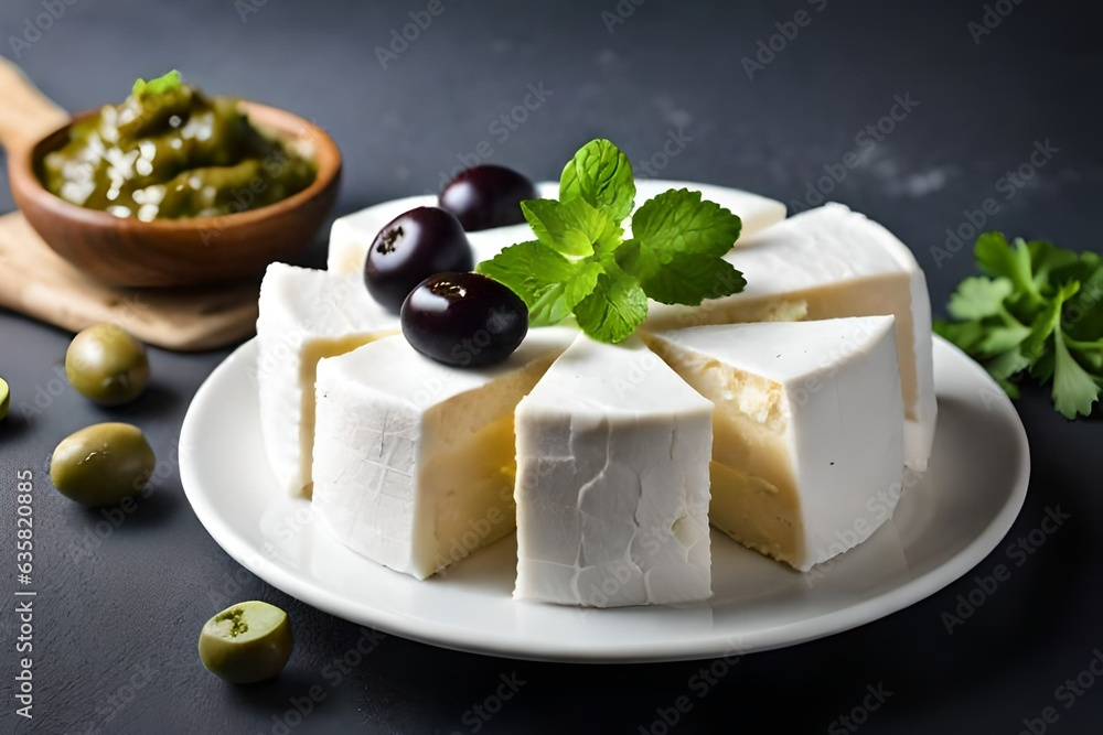 White cheese, feta with olives and cilantro on a neutral background 