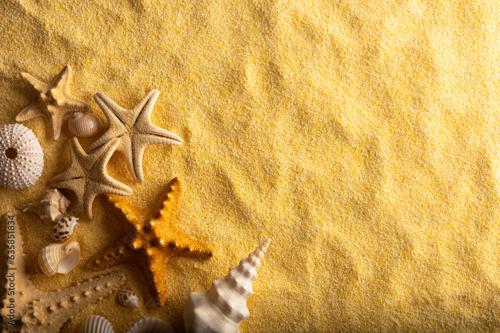 Vacations and summer time concept with starfish and sea shells on a clear yellow beach sand. Sea and