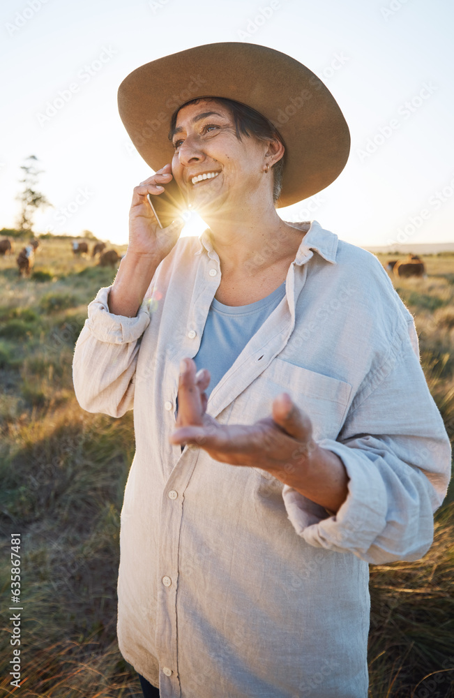 Woman, farmer and phone call in morning, countryside and person on farm with smile for live stock in