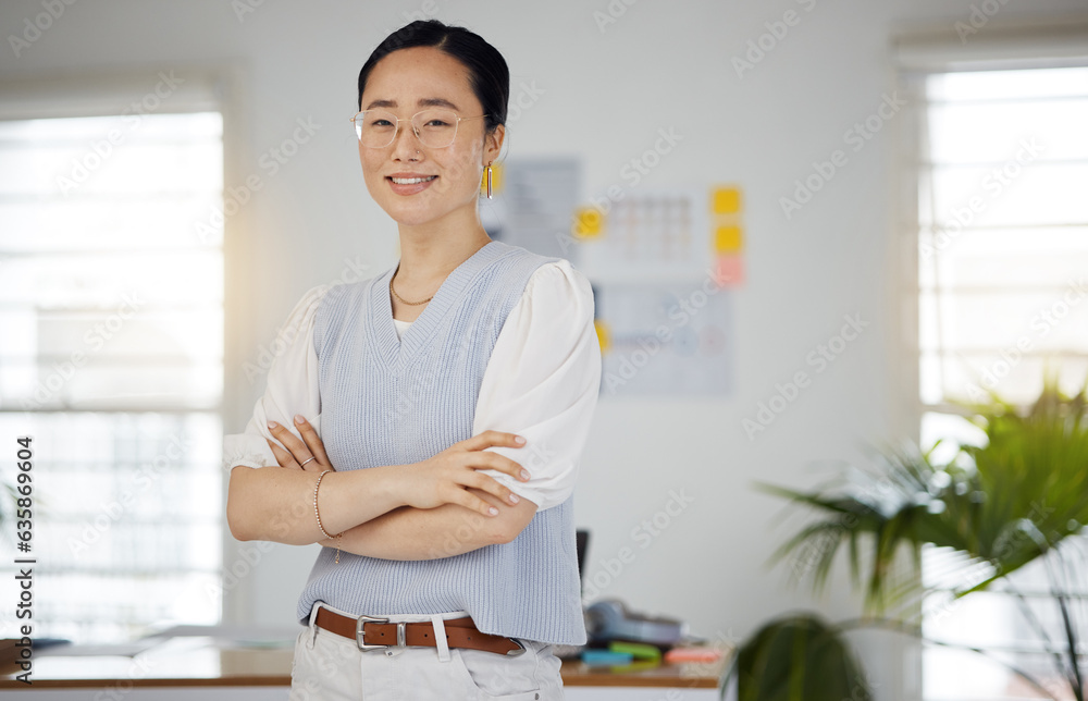 Asian architect, woman and portrait with arms crossed in Singapore, office or workplace for planning