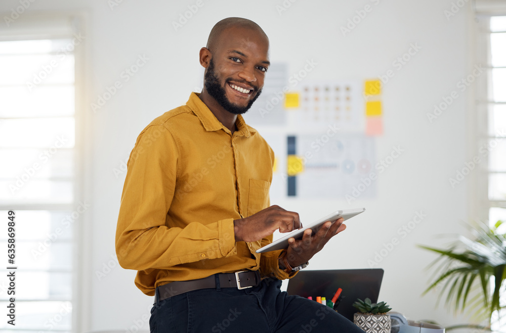 Portrait of black man at desk with smile, tablet and research for business website, online report an