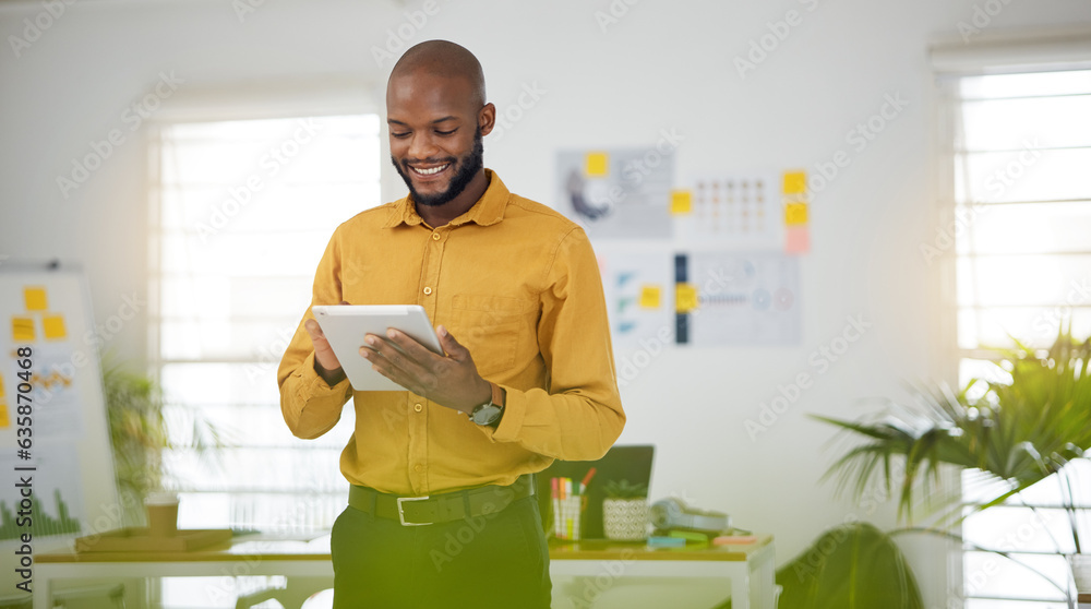 Black man in office with smile, tablet and email research for business website, online report or soc