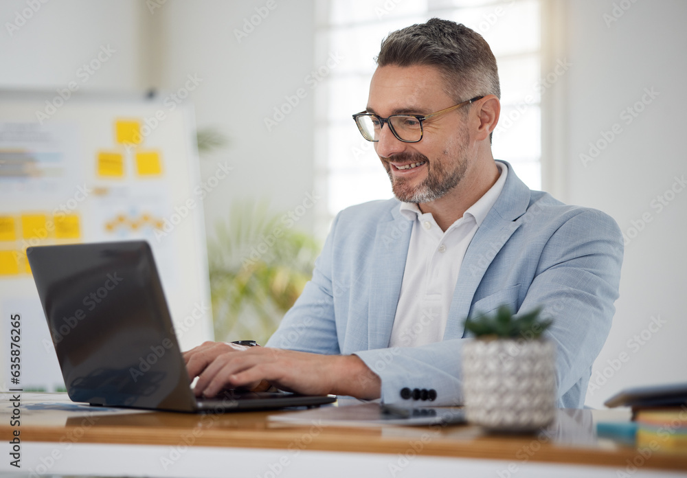 Business man, smile and typing on laptop for network update, online insight and review digital repor