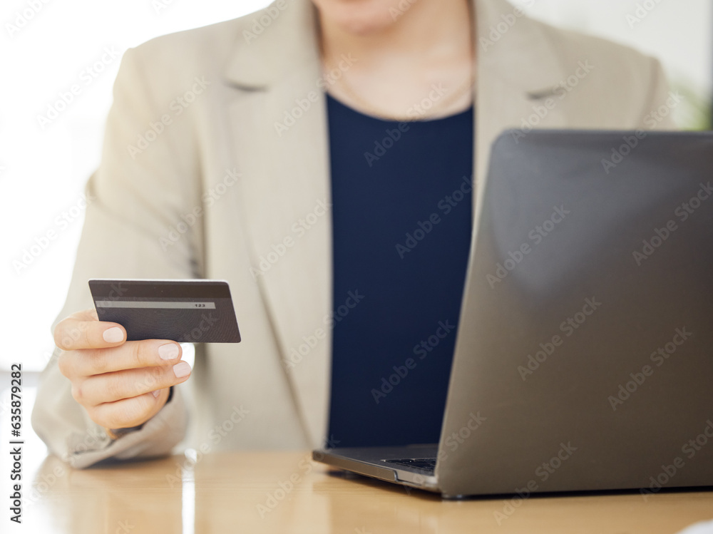 Online shopping, credit card and business woman with payment on a internet or banking on a laptop. H