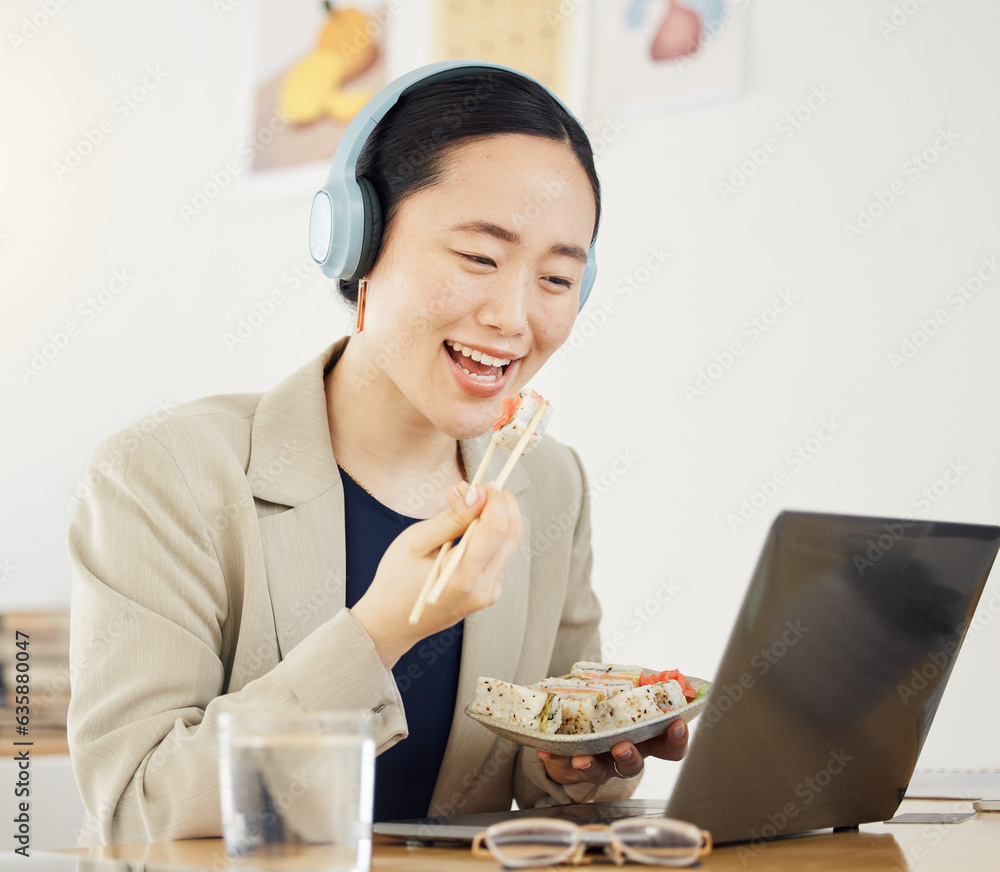 Smile, call center and woman with fast food, lunch or break on laptop in office consulting for crm, 