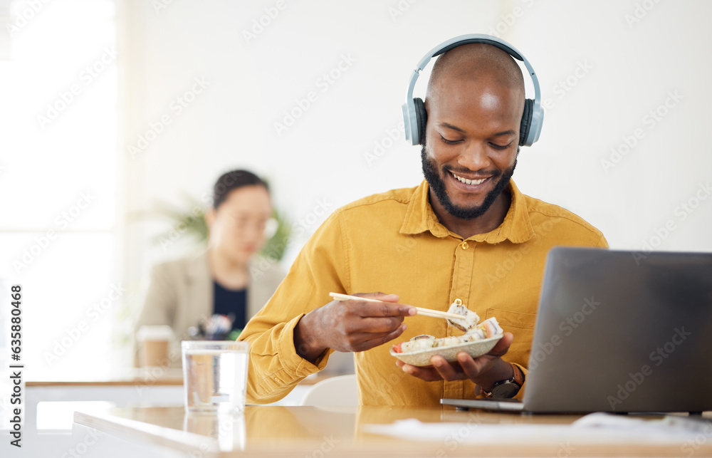 Food, delivery and happy black man with laptop in office for lunch break, eating and meal. Sushi, br