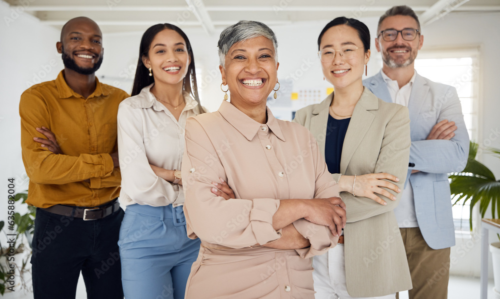 Portrait, business people with arms crossed and team, happy working together with diversity and comm