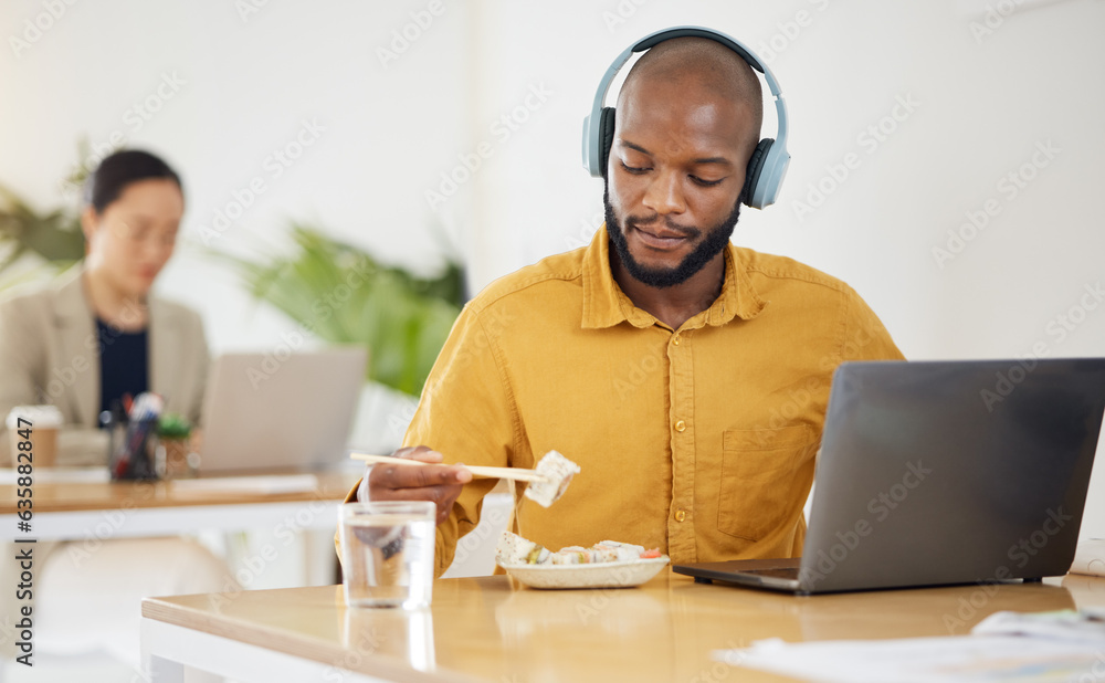 Delivery, fast food and black man with laptop in office for lunch break, eating and meal. Sushi, bru