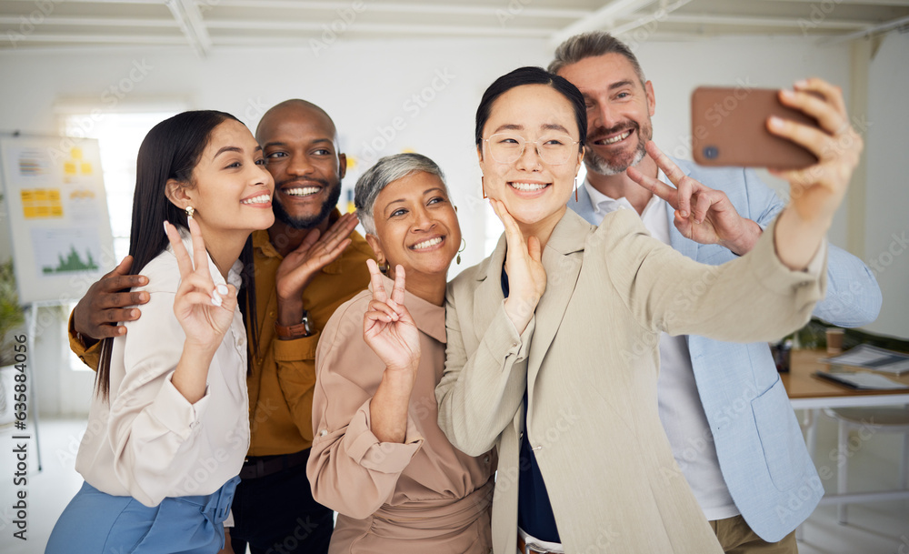 Selfie, smile and group of business people with peace for support, team building and emoji. Diversit