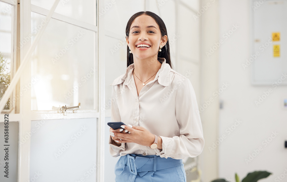 Happy woman, portrait and typing on smartphone in office for social media, networking and mobile con