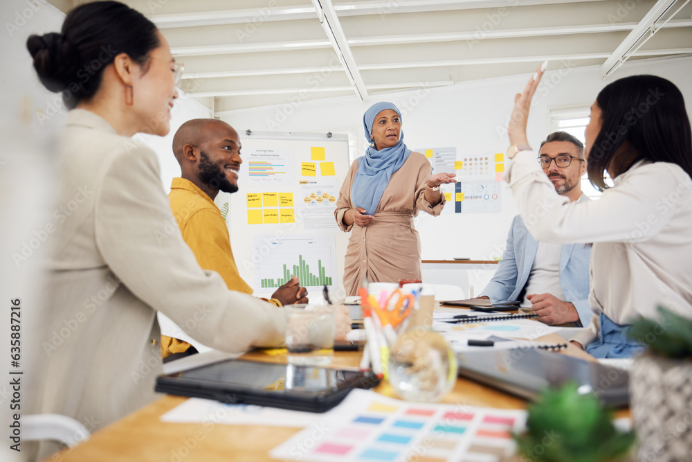 Woman, coaching and whiteboard with question in meeting, presentation or team strategy at office. Cr