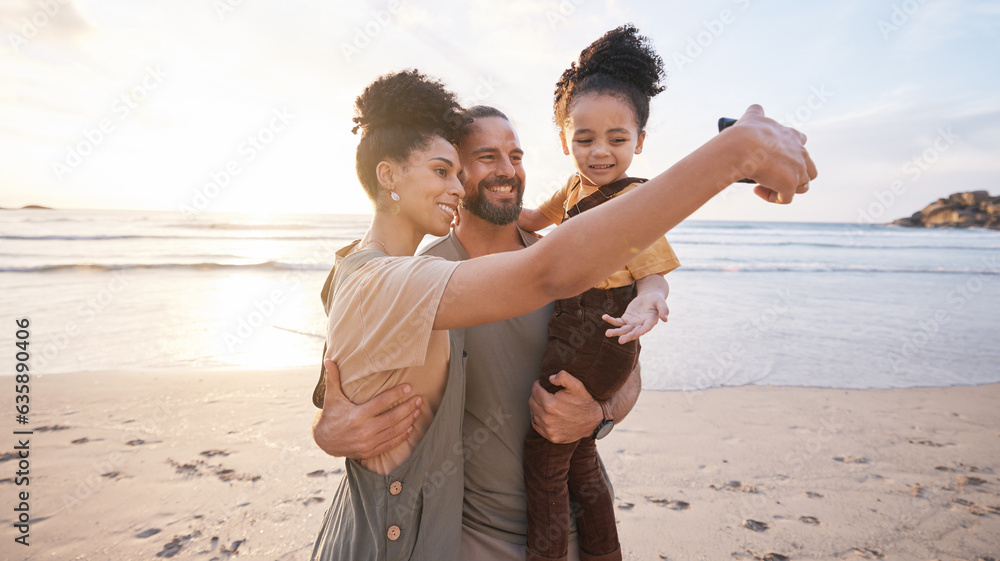 Happy family, selfie and together on beach, vacation or memory of tropical island, holiday in Bali a