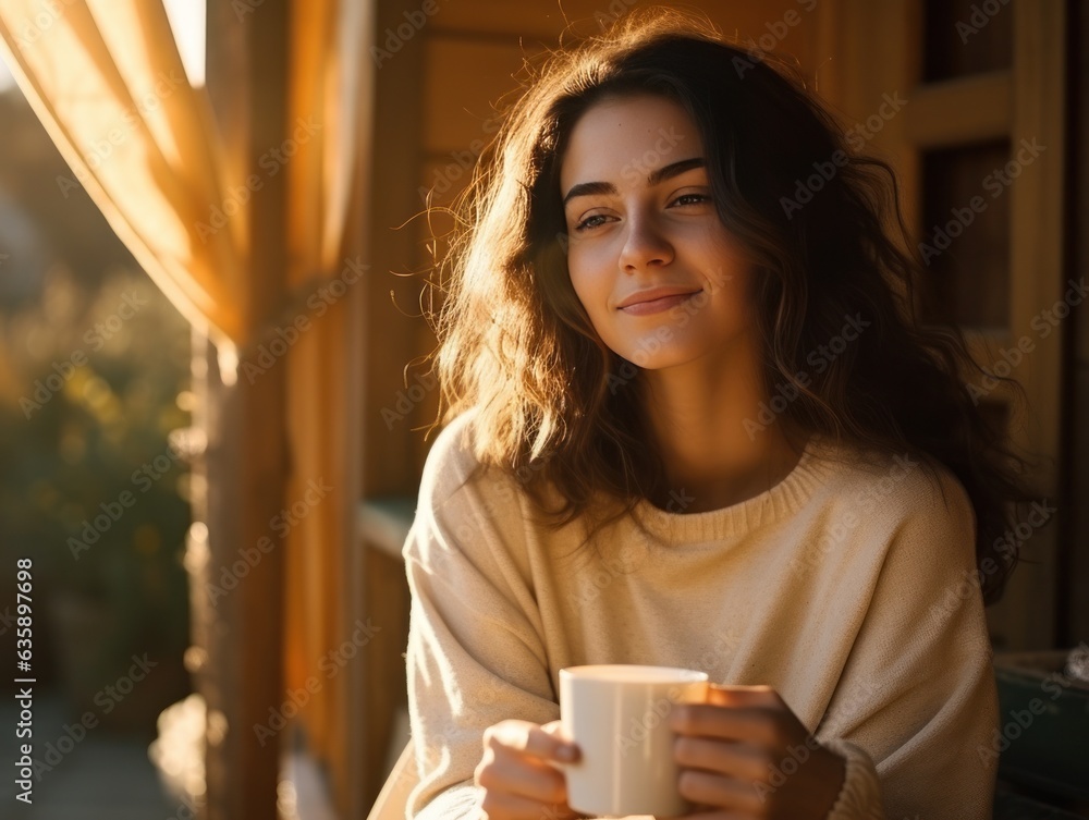 A girl is sitting at the porch with a cup of coffee