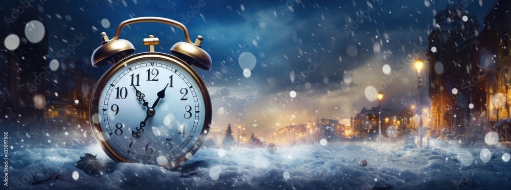 Christmas magic background with alarm clock