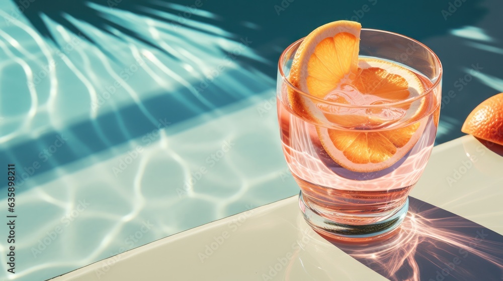 Orange Beverage in a glass beside pool